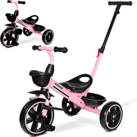 KRIDDO 2-in-1 Toddler Tricycle with Push Handle: Ages 18 Months to 5 - Pink
