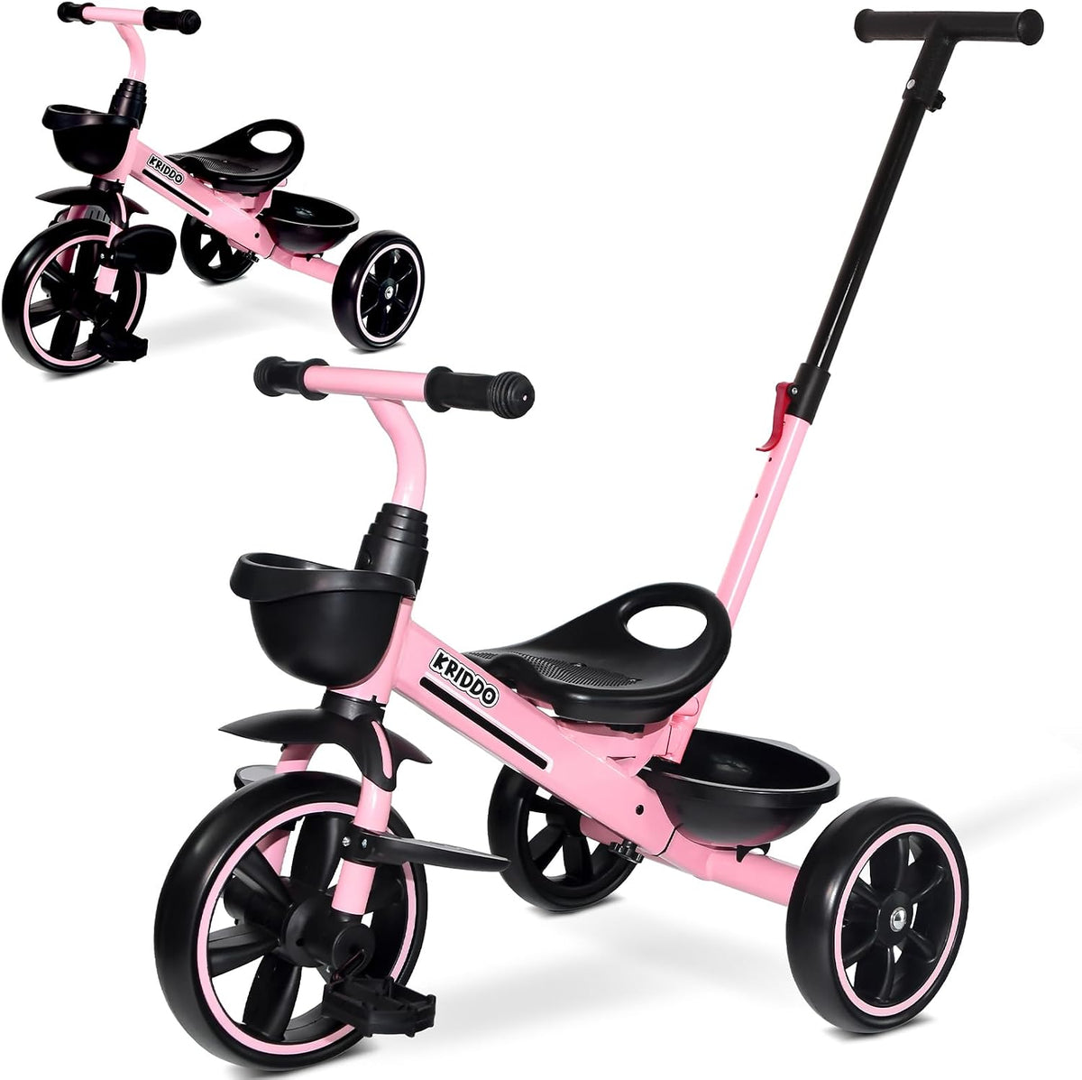 KRIDDO 2-in-1 Toddler Tricycle with Push Handle: Ages 18 Months to 5 - Pink