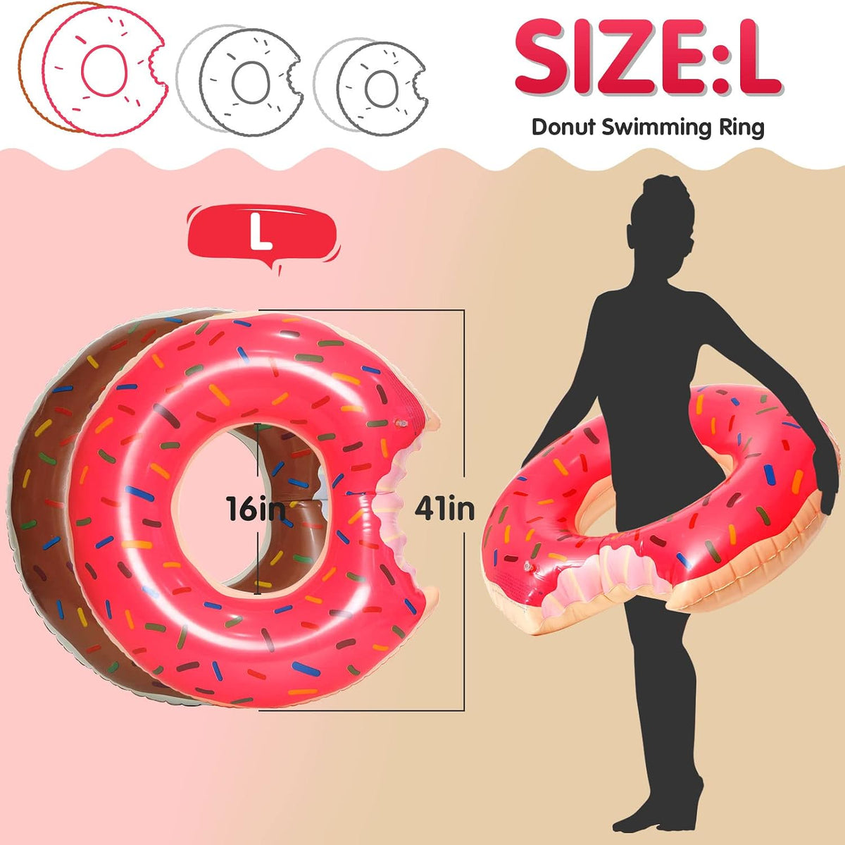 DMAR Donut Pool Float, Donut Tube & Ring for Beach & Pool - Set of 2 (Pink & Brown 41in) - image 2