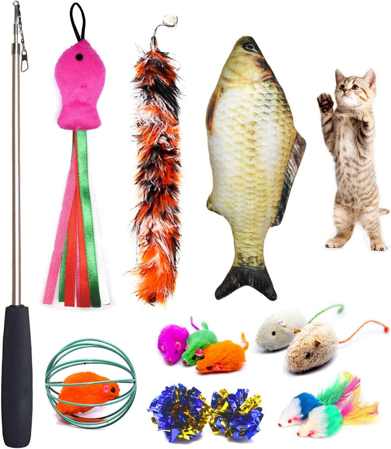 Cat Toys Set, Cat Retractable Teaser Wand, Catnip Fish