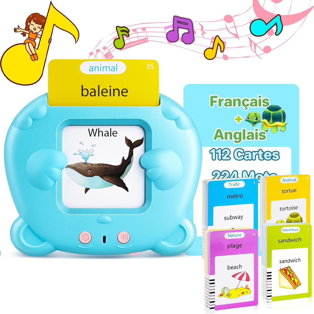 Spanish & English Talking Flash Cards for Toddler - Blue / French & English (224 Words）