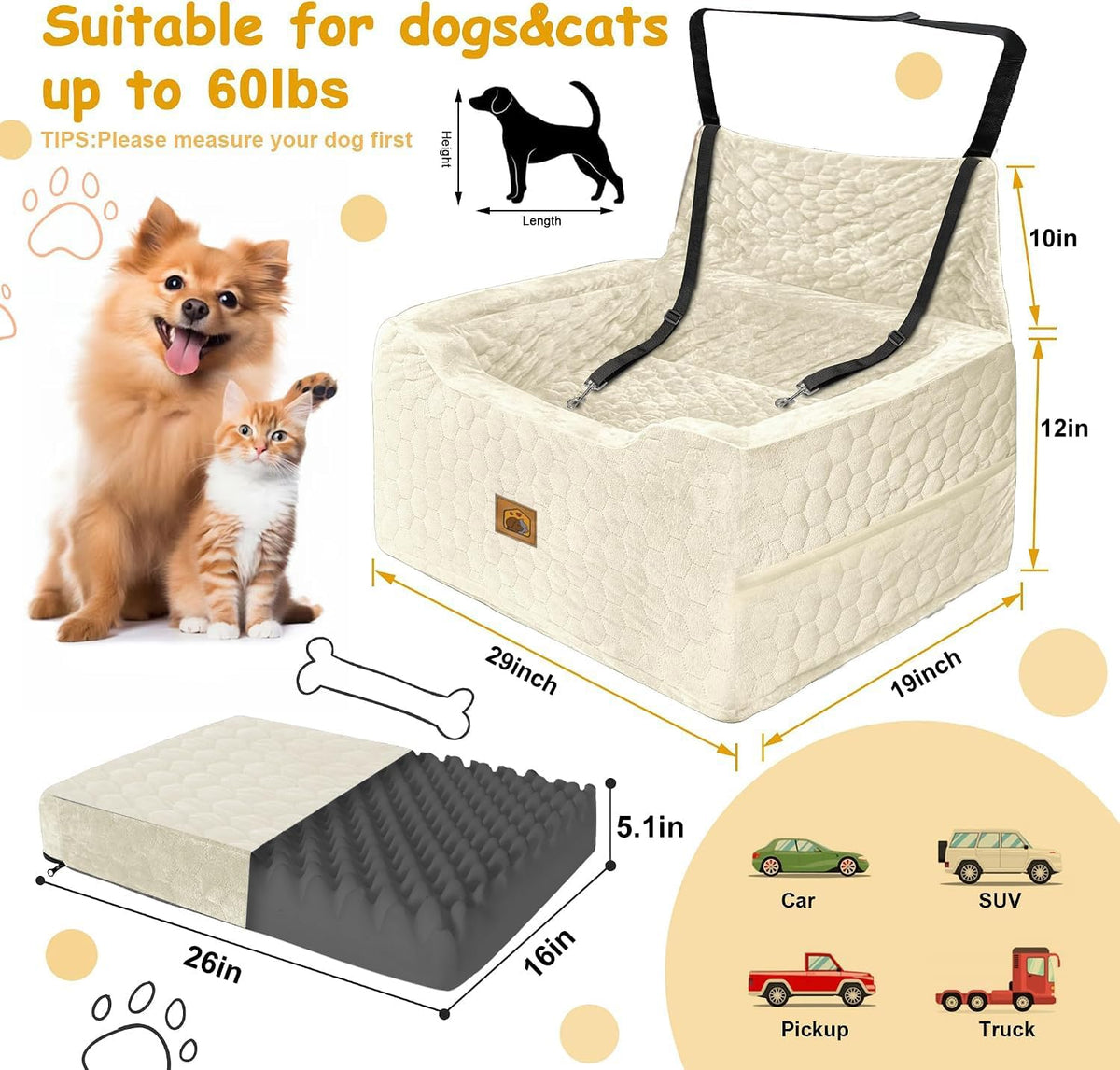Dog Car Seat for Small/Medium Dogs, Memory Foam Dog Booster Seat - White / Large - image 2