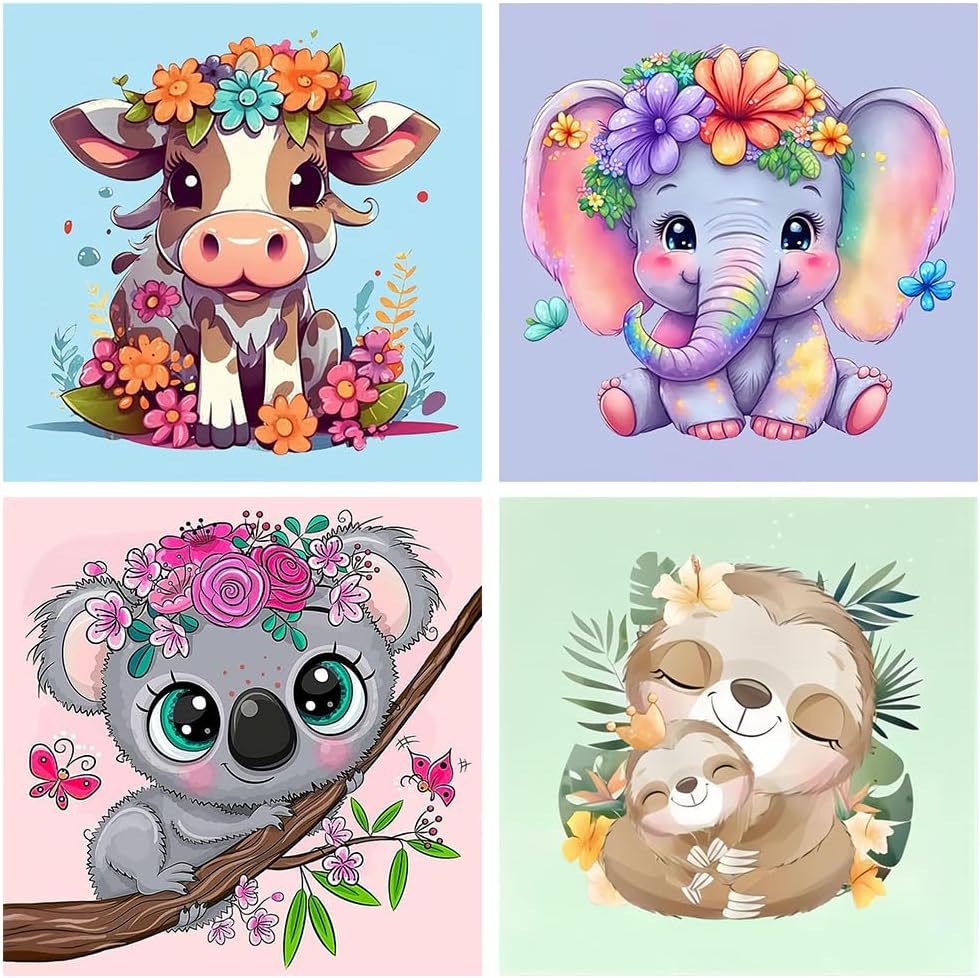 bleihum paint by numbers for kids, 4 pack of 8x8 inch animal canvases with acrylic paints and brushes