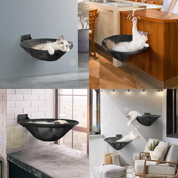 Cat Hammock Wall Mounted, Foldable & Stable Cat Beds- Breathable Cat Wall Shelves for Sleeping, Playing, Climbing, and Lounging - Maximum Hold Up to 30lb (Black)