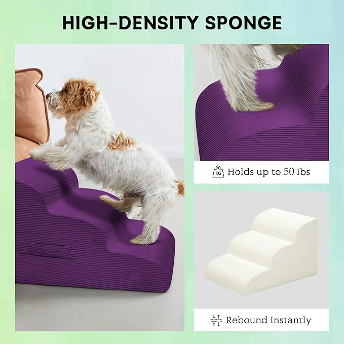 Dog Steps for Small Dogs, 3-Step Dog Ramp and Stairs for High Beds and Sofa, Non-Slip Pet Stairs Removable and Easy to Clean Cover, Purple