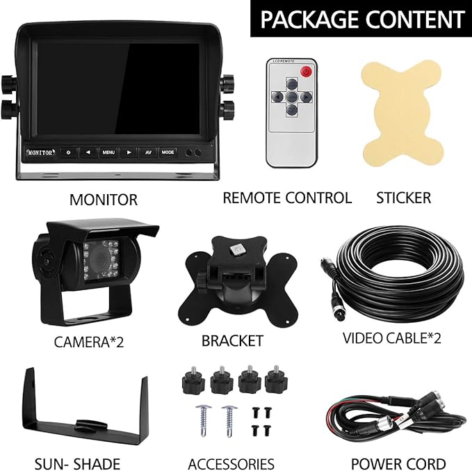 RV Backup Camera and Monitor Kit(12-24V) 7inch HD Monitor Reversing +2 Rear View Camera 170°Wide Angle,18IR Night Vision,Waterproof IP68，Dual Back up Camera for Truck/Trailer/Van/Camper/Vehicles.