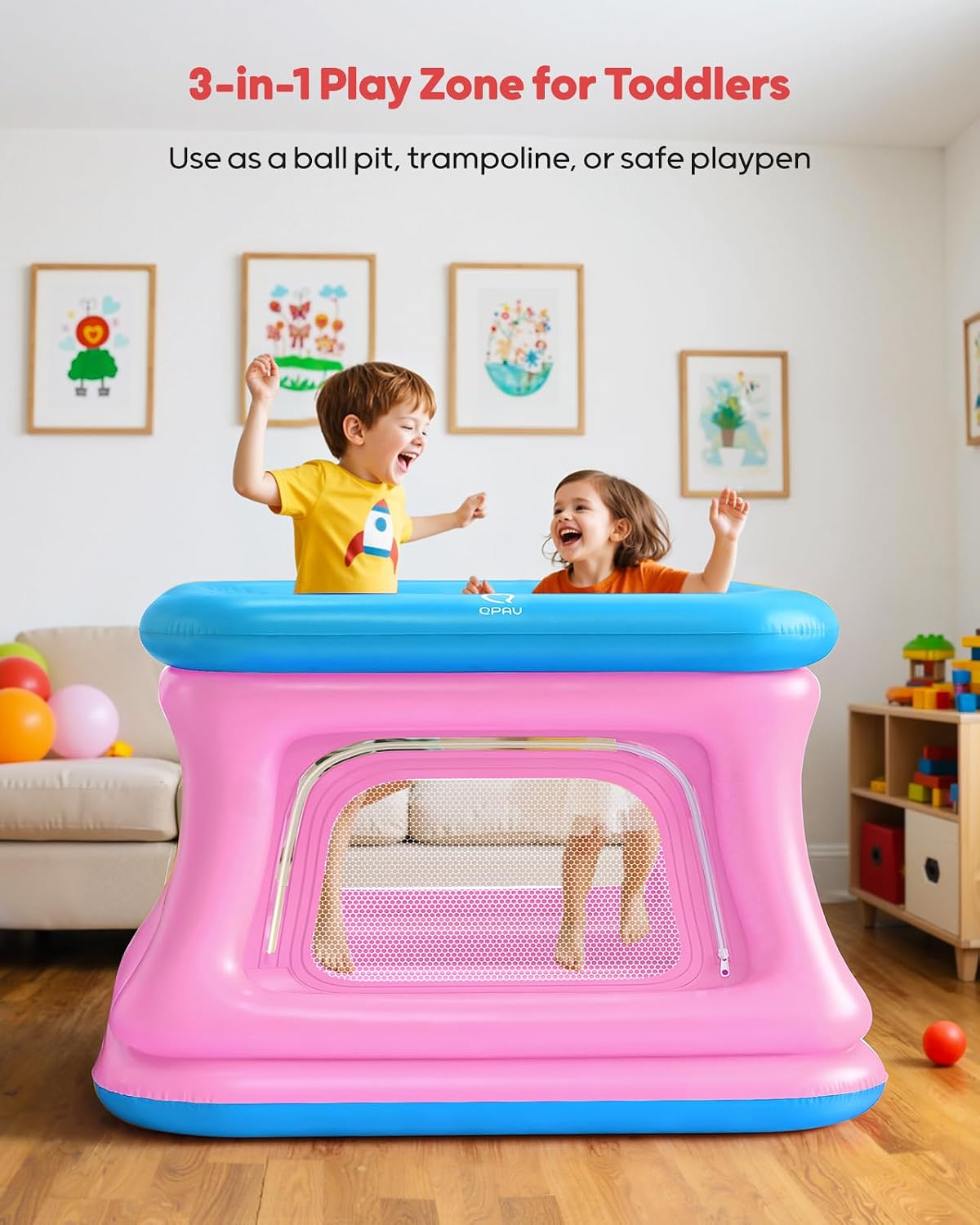 QPAU 3-in-1 Inflatable Bounce House with Pump for Toddlers 1-3 – Fun for Kids & Family - Blue & Pink - image 2