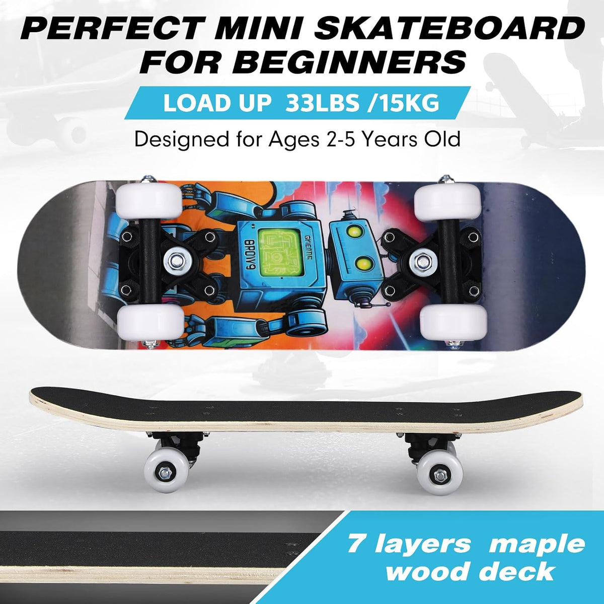 Honoson kids skateboard set with dinosaur print maple deck and black knee pads, elbow pads and wrist - view 23