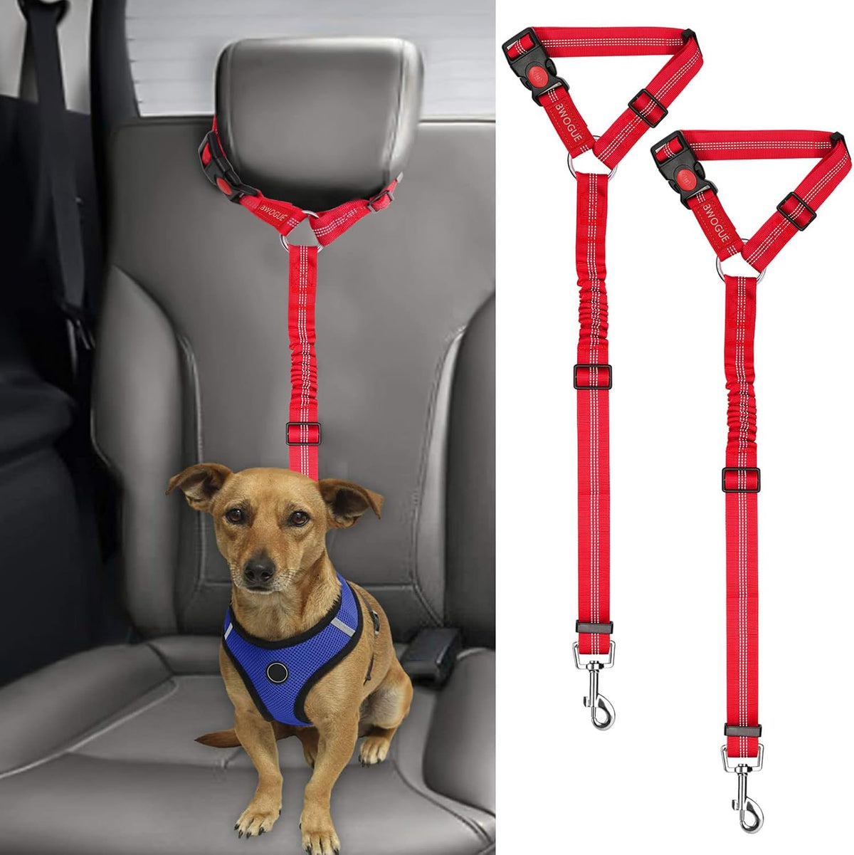 2 Pack Dog Seat Belt for Car, Headrest Restraint Safety Leads – Essentials for Dogs - Red / Elastic