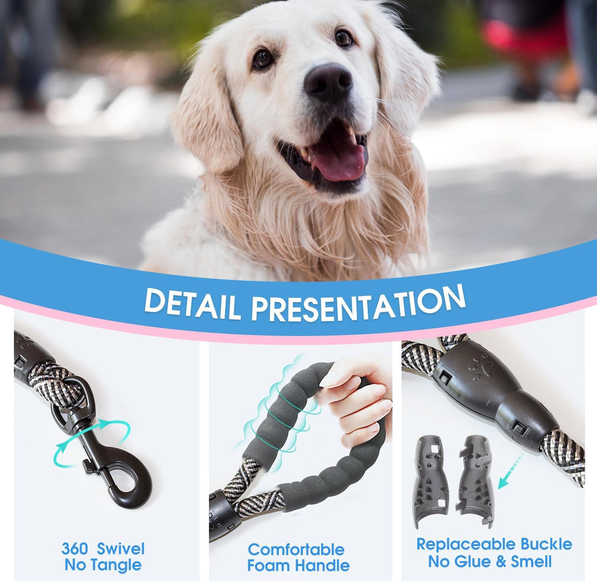 2/4/5/6 FT Dog Leash with Comfortable Padded Handle and Highly - 1/2'' x 5 FT / Black Silver - image 3