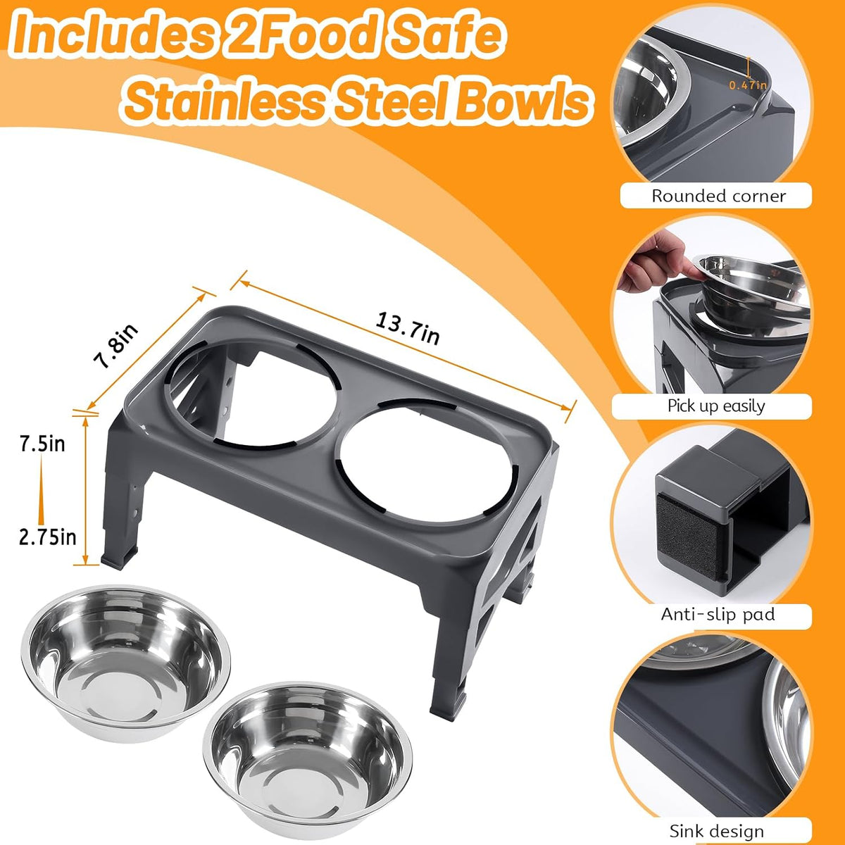 Hubulk Elevated Dog Bowls with 2 Stainless Steel Dog Food & Water - S (6" for Small Dogs) / Grey - image 3