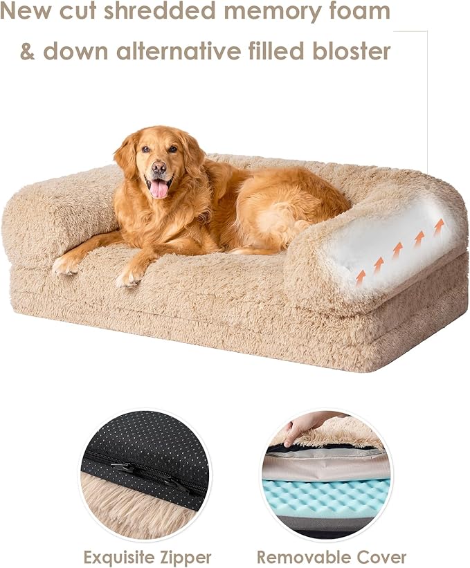 EHEYCIGA Foldable Human Dog Bed, Orthopedic Memory Foam Human Sized Dog Bed, Waterproof Pet Bed for People, Faux Fur Pet Couch for Adult, Camel, 72"x44"x11"