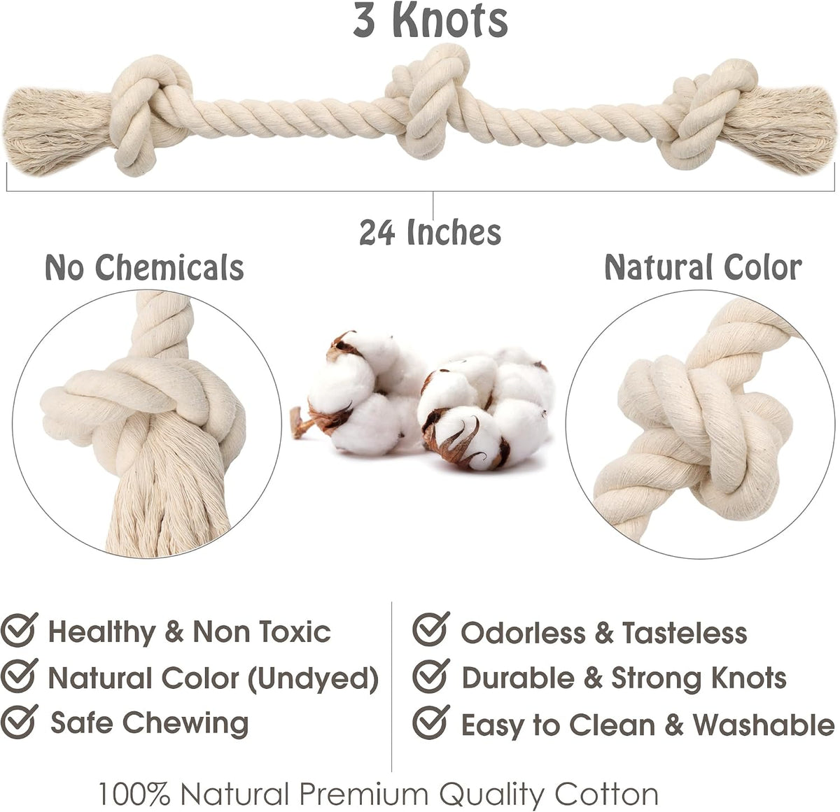 Barida Natural White Cotton Tough Dog Rope Toy for Medium & Large - Medium (23.60") - image 4