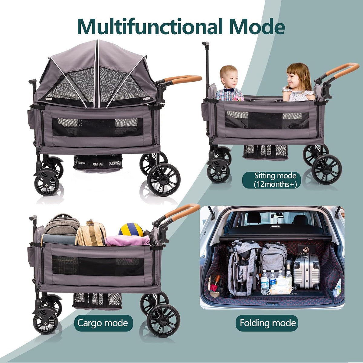MRZLB Luxury Wagon Stroller for 2 Kids & Cargo-Lightweight Travel - Light Grey - image 2