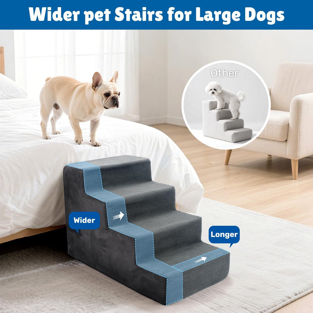 Dog Stairs for Bed, Extra Wide 4-Step Dog Steps for High Bed - Grey / 4 Steps - image 3