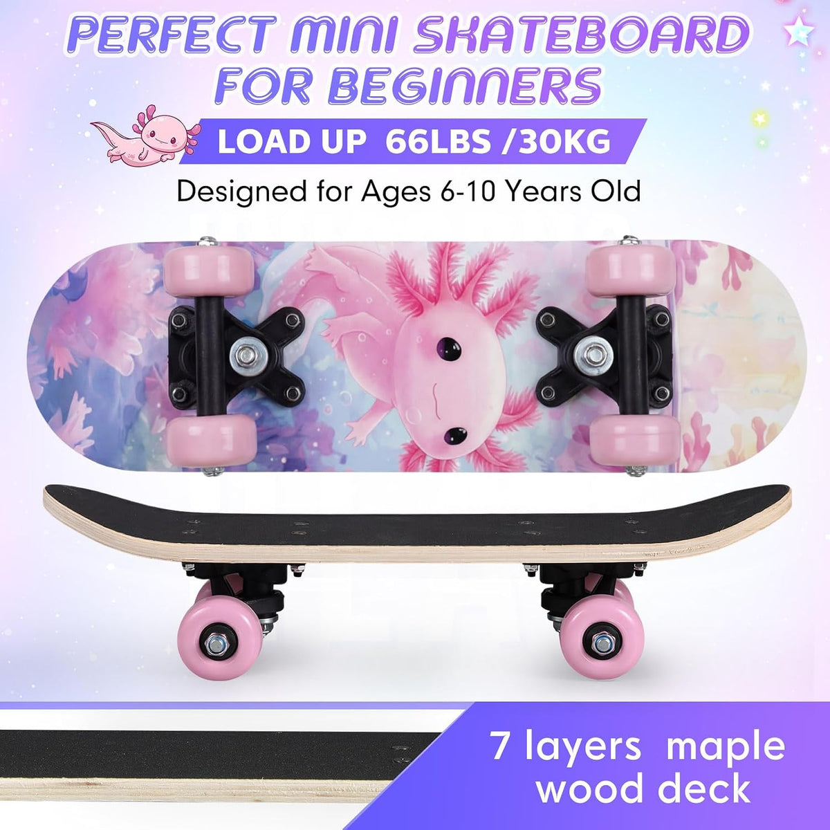 Honoson kids skateboard set with dinosaur print maple deck and black knee pads, elbow pads and wrist - view 11
