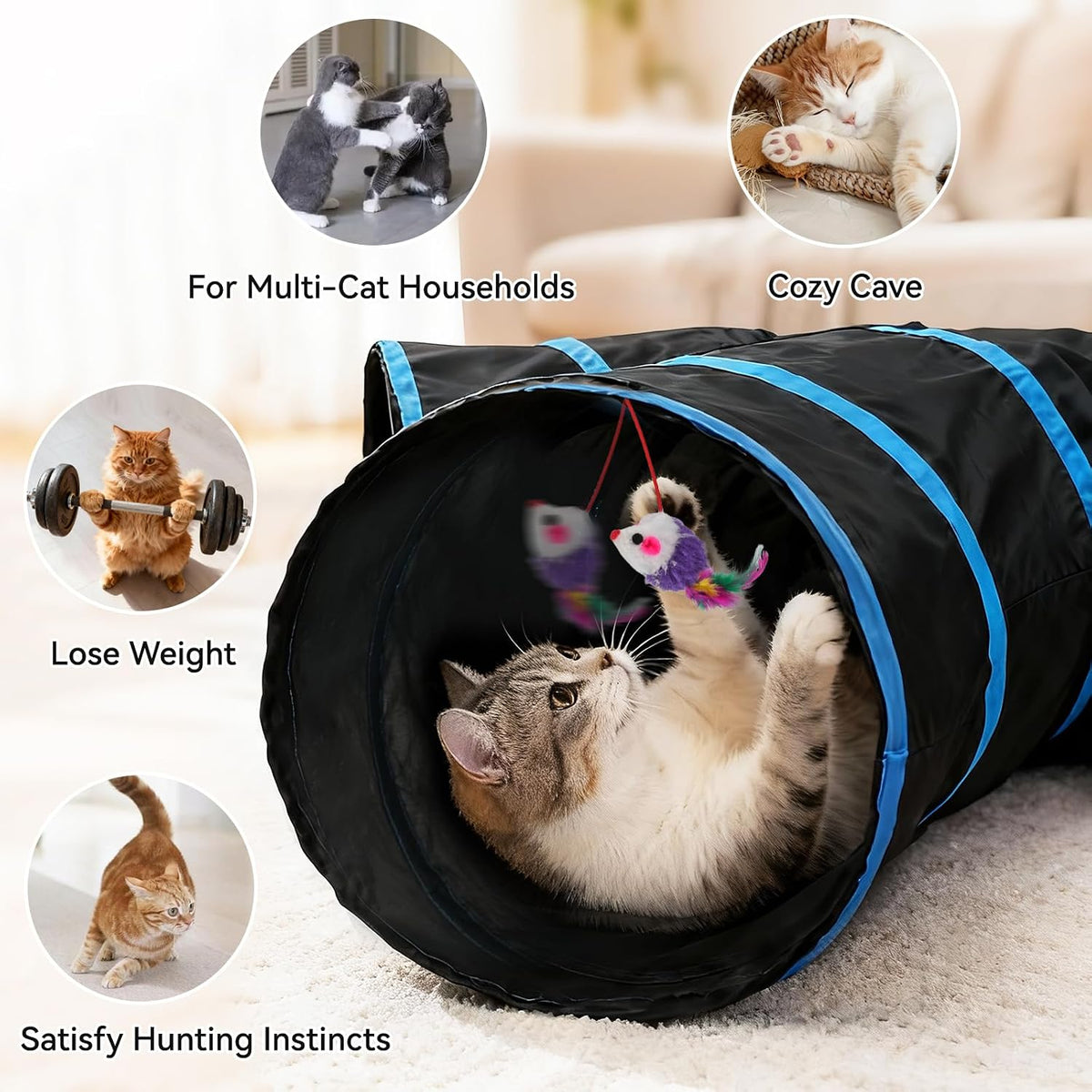 Joytale Cat Tunnel for Multiple Cats - Blue & Black / 5-Way - image 3