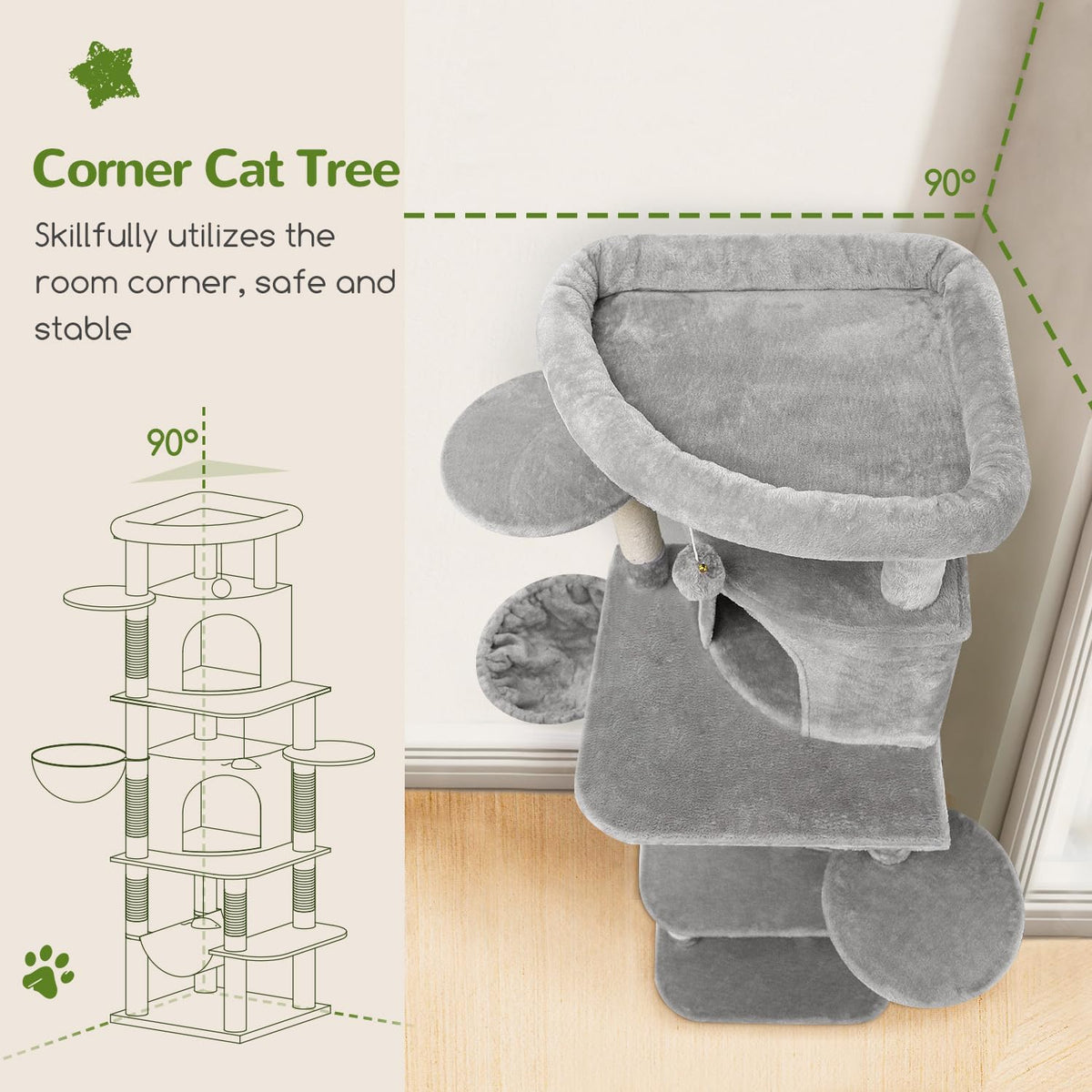 Globlazer Corner Stable Cat Tree Tower with Scratching Post, C51 - 66inch / Light Gray - image 2