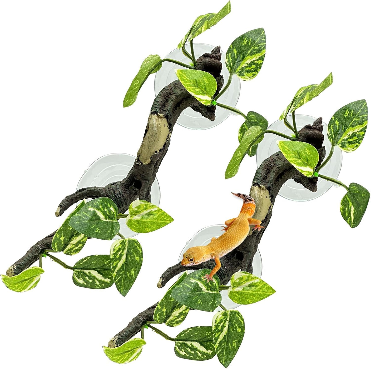 2-piece resin reptile climbing branch set with suction cups and leaves