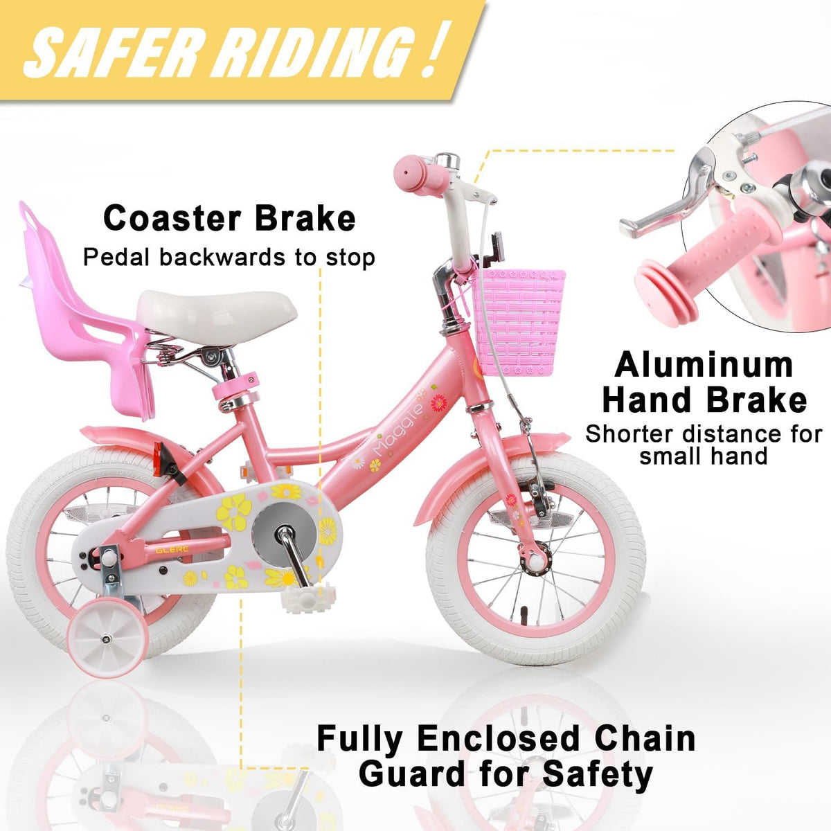 Glerc Maggie Girls Bike, 12-20 Inch Kids Bike for 2-13 Years Old Children, Princess Style Kids - Pink & White / 12 Inch - image 3