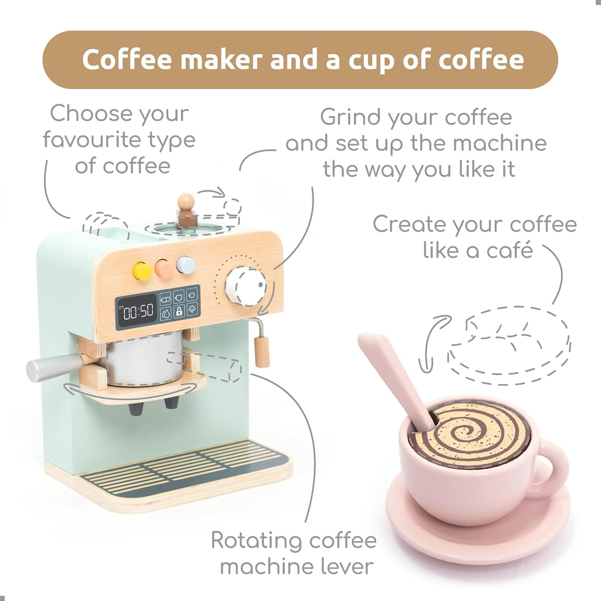 UMU wooden toy coffee maker for kids with lever, milk frother and grinder - view 3
