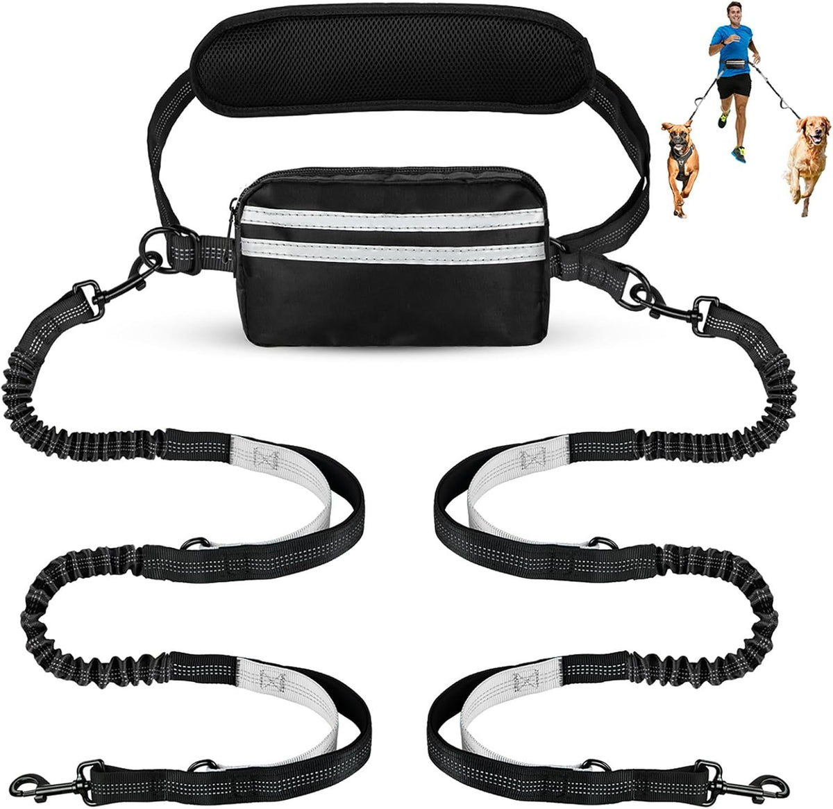Hands Free Dog Leash for Two Dogs Walking, Running – Essentials for Dogs - Black/Silver Gray / Large