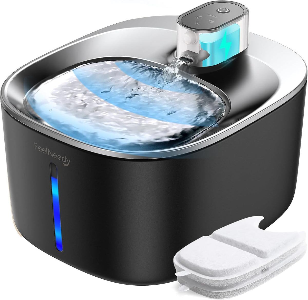 FEELNEEDY Wireless Cat Water Fountain Stainless Steel with Sensor - Black Fountain(2 Filters)