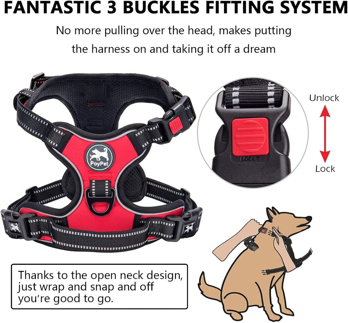 PoyPet No Pull Dog Harness Medium with Front Clip & Neck Release - S / Red - image 2