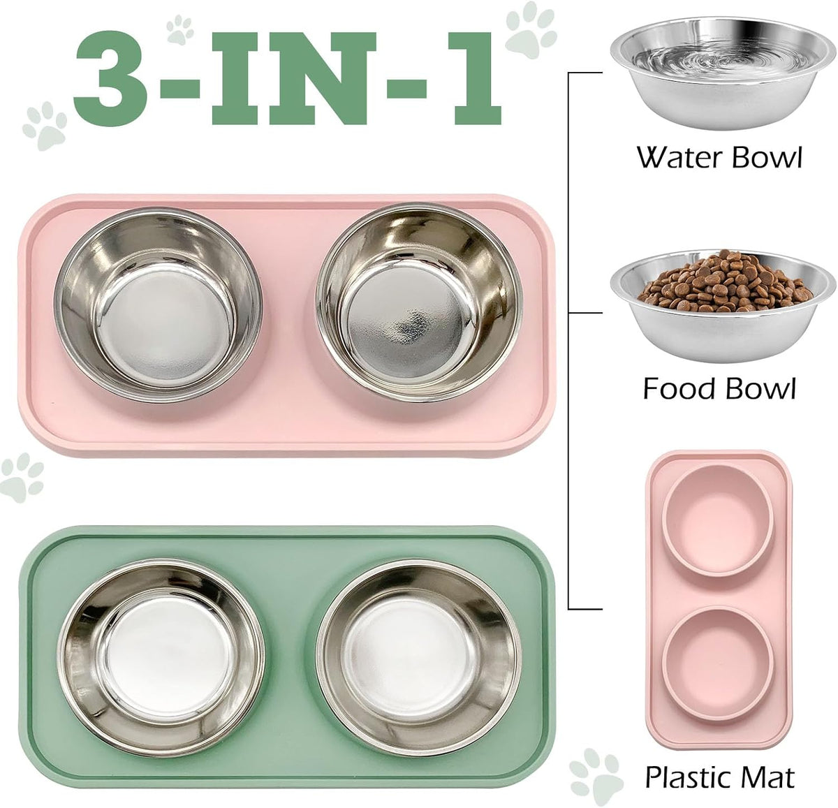 BNOSDM Double Dog Food Bowls Stainless Steel Dog Food and Water Bowls - Pink+Green - image 2