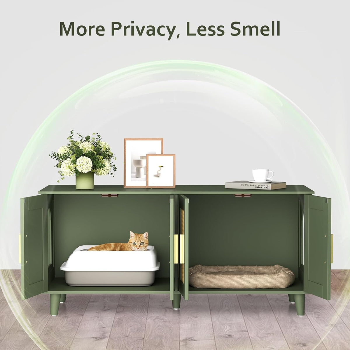 Boho Cat Litter Box Enclosure for 2 Cats, Green and Natural – Essentials for Cats - Green - image 4