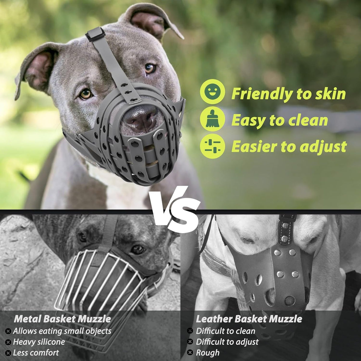 Pitbull Dog Muzzle for Large Medium Dogs Prevent Biting Scavenging – Essentials for Dogs - Grey / M [Snout Cir: 9.75"-11"] - image 4