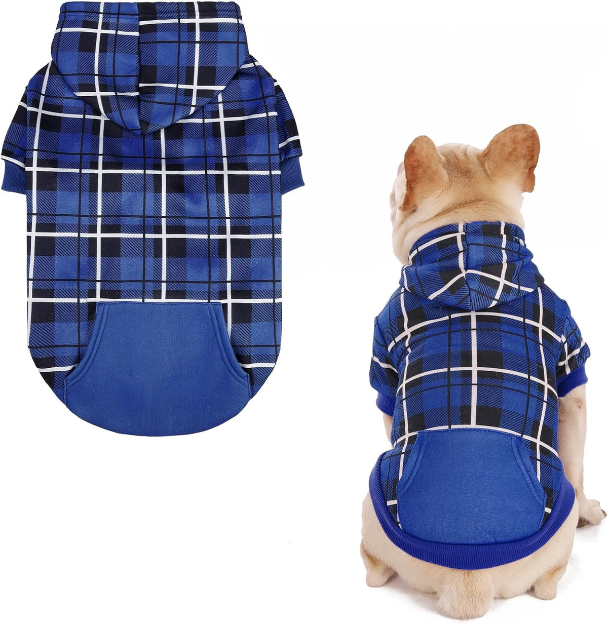Plaid Dog Hoodie - British Style Warm Dog Sweater Shirt with Leash Hole,Pitbull Clothes - Navy Blue / S-Medium