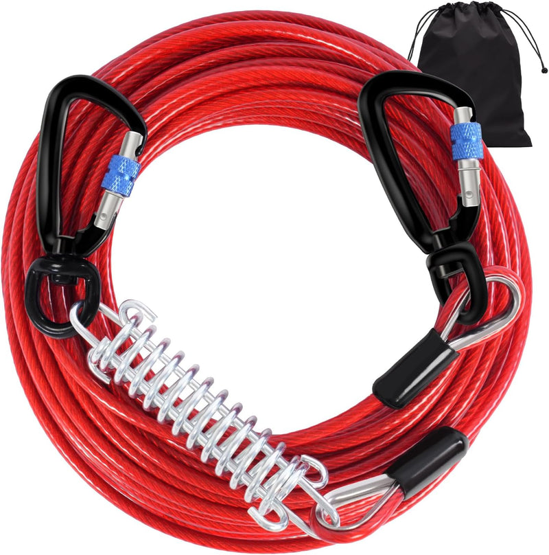 Heavy Duty Tie Out Cable for Yard, Swivel Lockable Hook & Spring - 50FT / Red