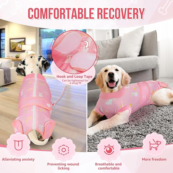 Lukovee Recovery Suit for Dogs, Zipper On Recovery Suit for Female Male Dog, Onesie Abdominal Wounds Cone E-Collar Alternative Prevent Licking Spay Recovery Suit (Large, A-Pink)