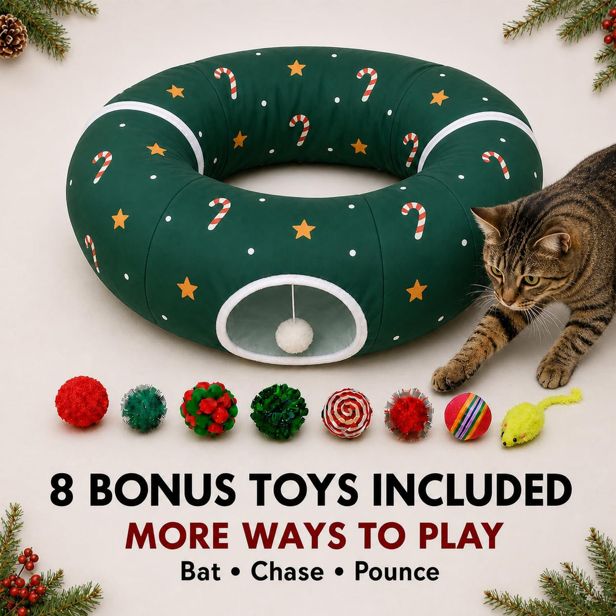 LUCKITTY Christmas cat tunnel bed with hanging ball and star pattern - view 4