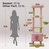 Gardner Pet 65in Heavy Duty Cat Tree Tower for Large Cats, Multi-Level Cat Furniture with Replaceable Sisal Scratching Post, Hammock | Extra-Large Platform & Condo (Pink&Green, Basic φ:2.84")