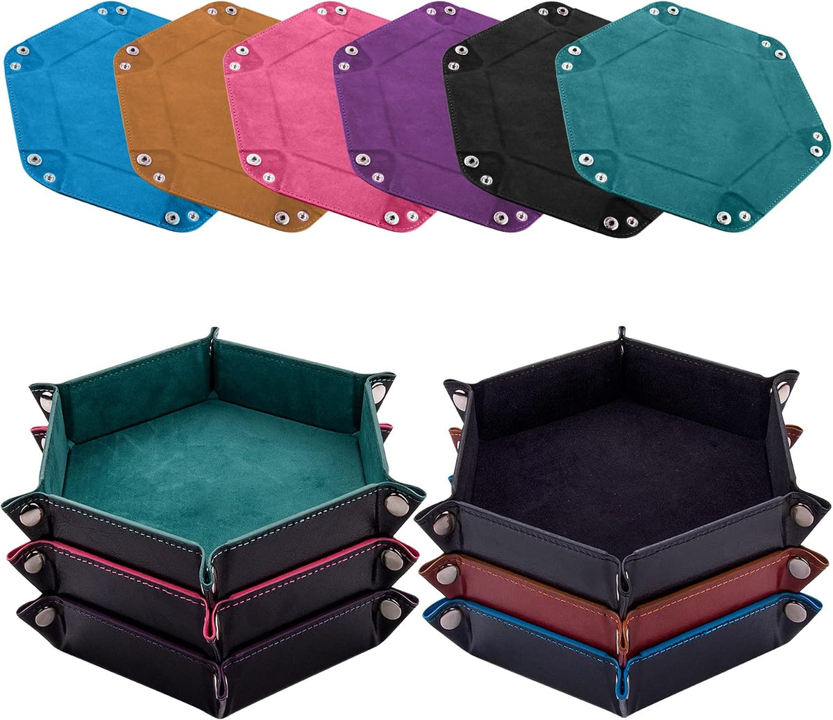 SIQUK 6 Pieces Dice Tray Hexagon Dice Rolling Holder Folding PU - Cyan, Black, Violet, Pink, Camel, Sky Blue