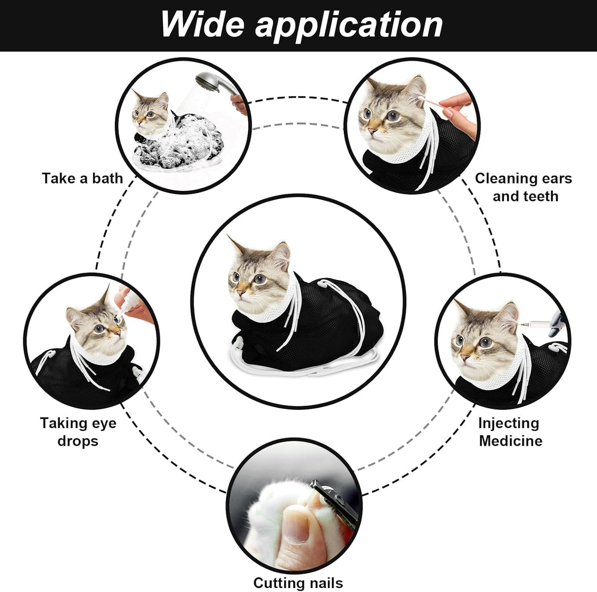 Cat Bathing Bag Anti Scratch Grooming Shower Washing Bag for Nail - White- Black - image 4