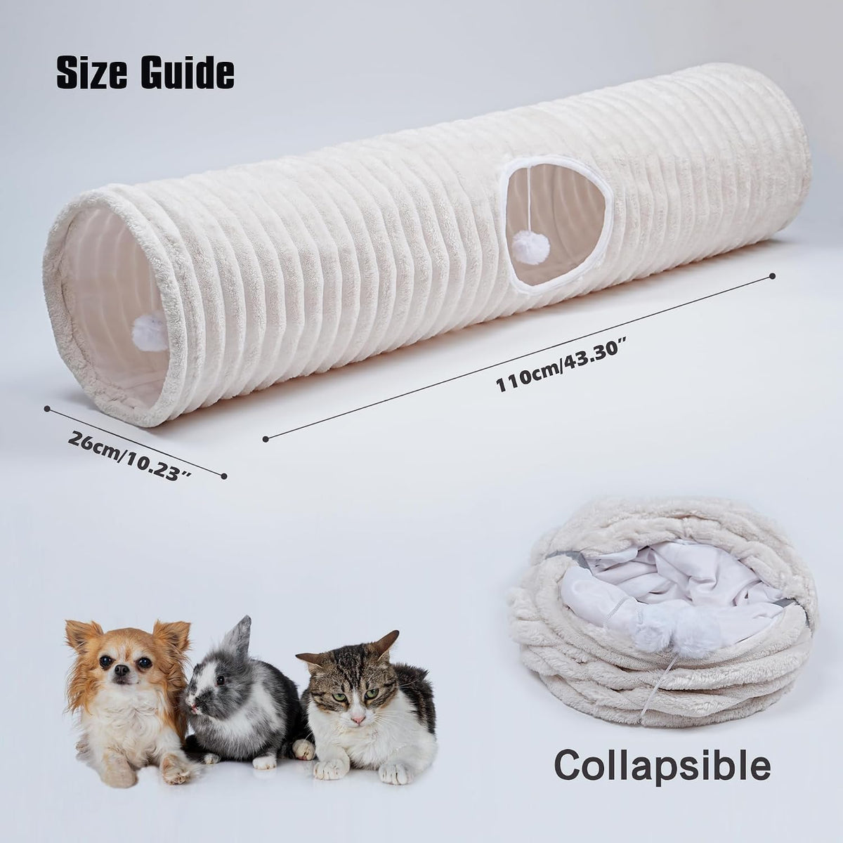Luxurious Cat Tunnel,43" Straight Cat Tunnel Toys with Balls for Indoor,Collapsible Peekaboo Cave - White Stripe - image 3