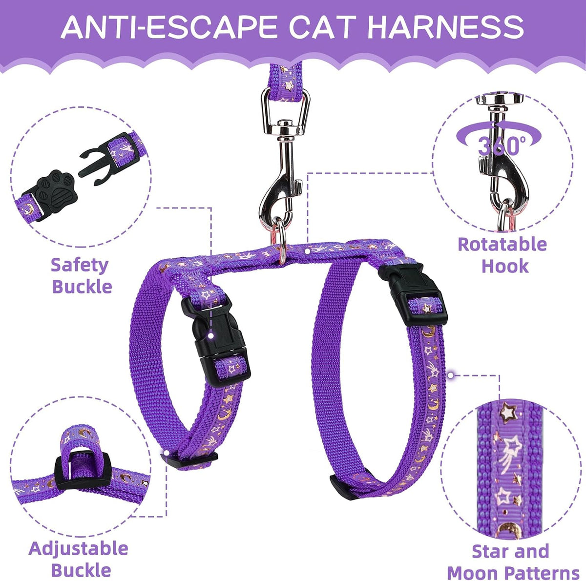 PAWCHIE cat harness, leash and collar set with star and moon pattern - view 4