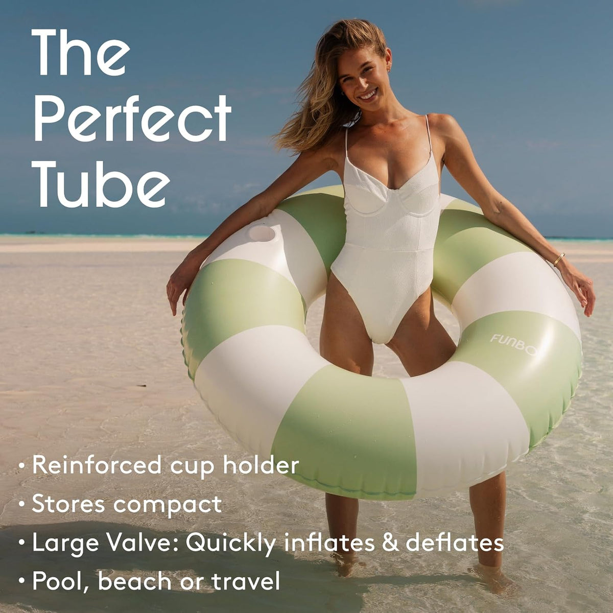 FUNBOY Giant 46" Vintage Green Stripe Pool Tube Float with Cup Holder – Fun for Kids & Family - Green / 46" - image 3