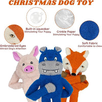 3 Pack No Stuffing Crinkle Squeaky Interactive Plush Dog Toys for Aggressive Chewers to Keep Puppy Busy for Boredom Small & Medium Breeds Furry Friend Teething Orange Fox Pink Pig Blue Hippo