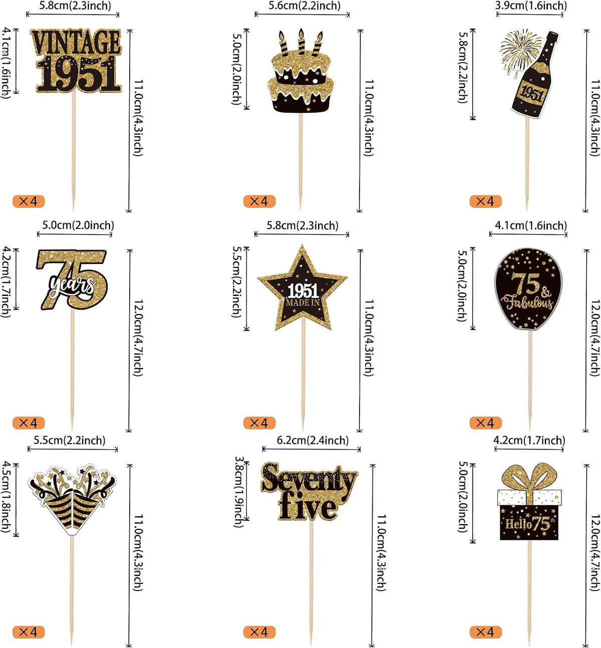 36PCS Happy 80th Birthday Cupcake Toppers Double Sided Black Gold - Vintage / 75th - image 2