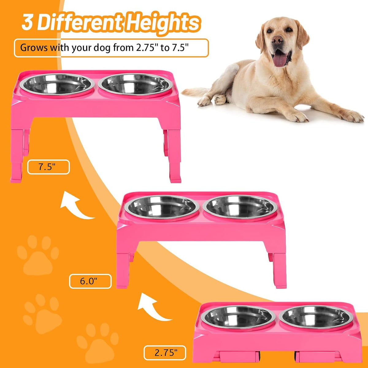 Hubulk Elevated Dog Bowls with 2 Stainless Steel Dog Food & Water - S (6" for Small Dogs) / Pink - image 2