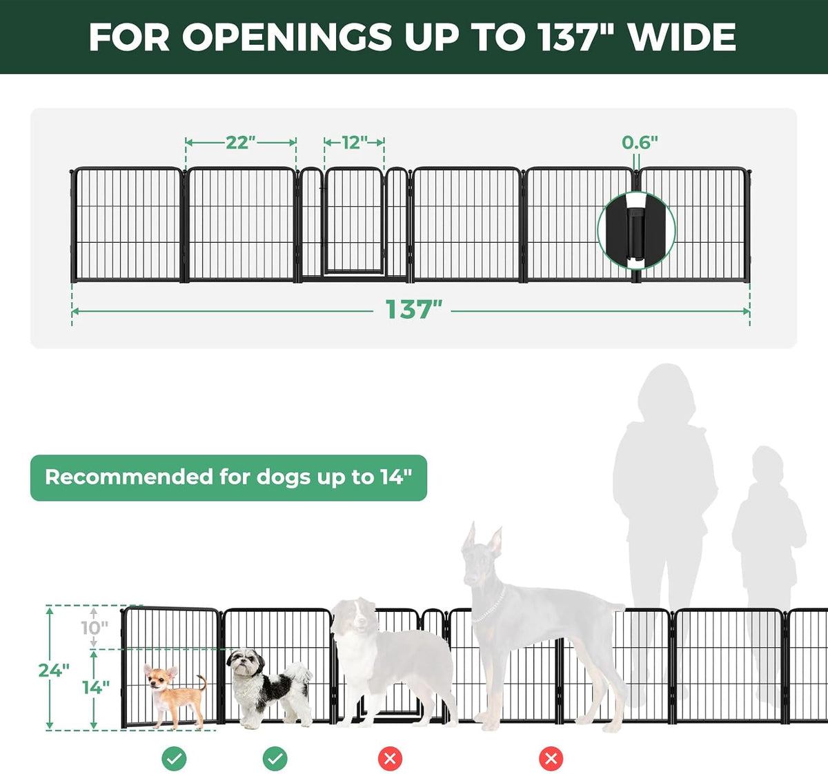 FXW Dog Gate, Extra Wide Adjustable for Openings Up to 219" - Black / Up to 137" W【5 Panels + 1 Door】 / 24"H - image 2