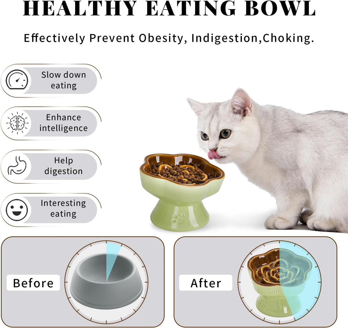 S&Q's CERAMICS Raised Slow Feeder Cat Bowl - 5.8" / Brown - image 3
