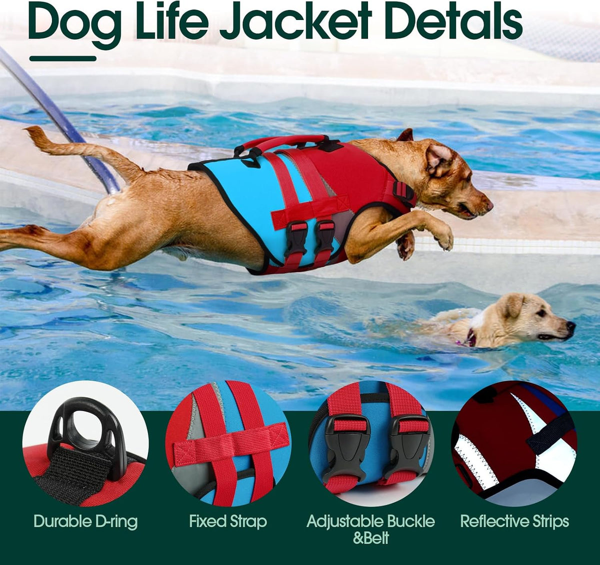 Kuoser Dog Life Jacket with Rescue Handle - X-small (Chest Girth:12.9-18.1'') / Red & Navy - image 3