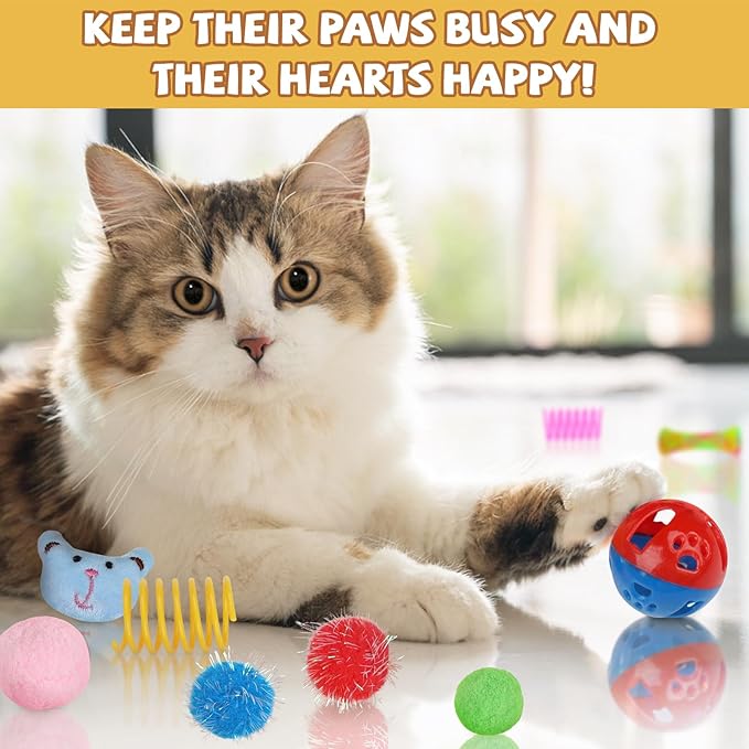 Kitten Toys - 38PCS Cat Play Set, Sparkle Balls, Plush Pom Pom Balls, Hanging Door Toy, Gift Box Styles