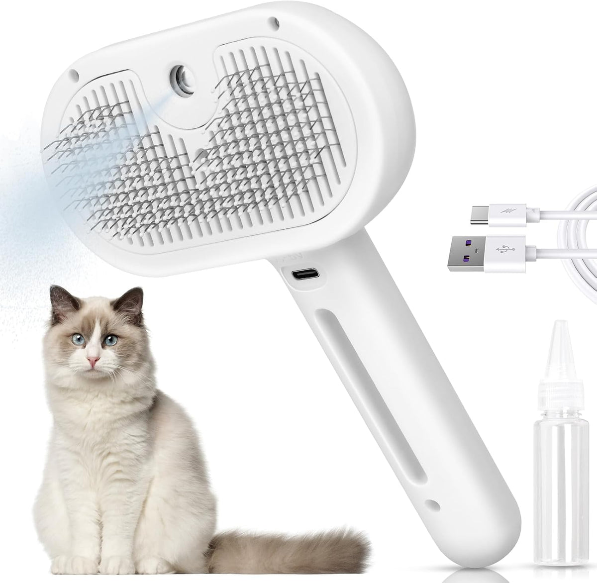 Cat Steam Brush 3 in 1 Pet Hair Grooming Brush with Steam and Release - White-B