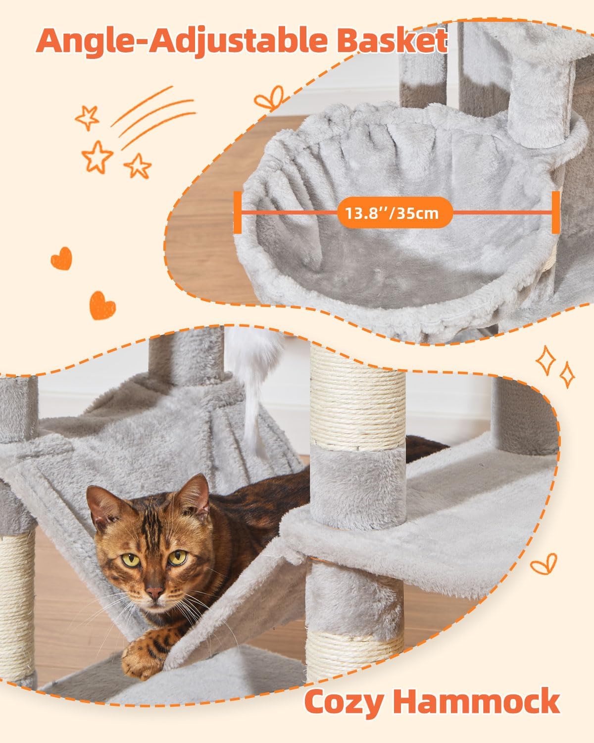 Taoqimiao Cat Tree, 67 in Tall Cat Tower with 2 Plush Cat Condos – Essentials for Cats - 67 inches / Light Gray - image 4